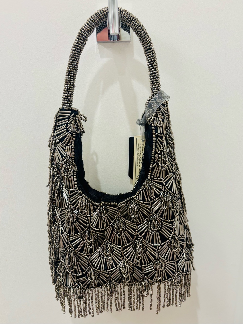 NWT Made in India Beaded Fringe retro 20’s Shoulder Bag - gunmetal